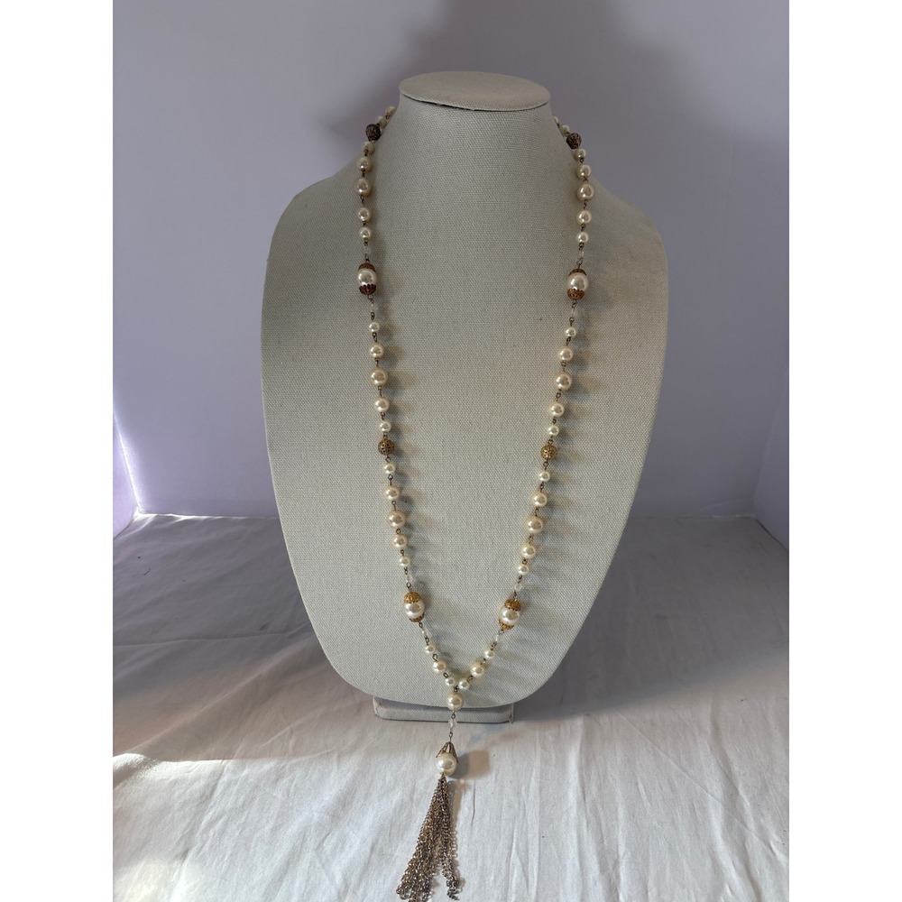 Unbranded Faux Pearl Tassel Necklace Women OS Cream Vintage Art Deco Style